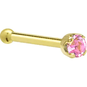 Solid 14KT Yellow Gold (October) 2mm Pink Cubic Zirconia Nose Ring
