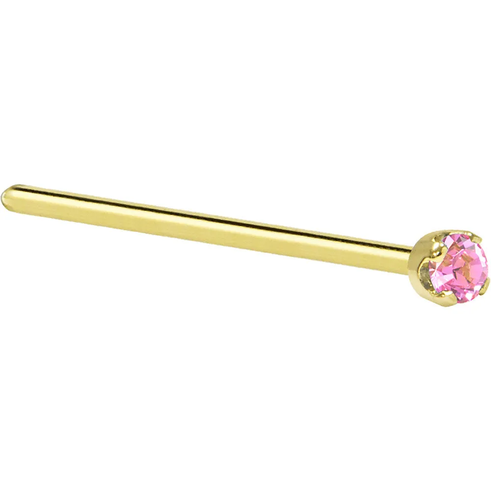 Solid 14KT Yellow Gold (October) 2mm Pink Cubic Zirconia Nose Ring