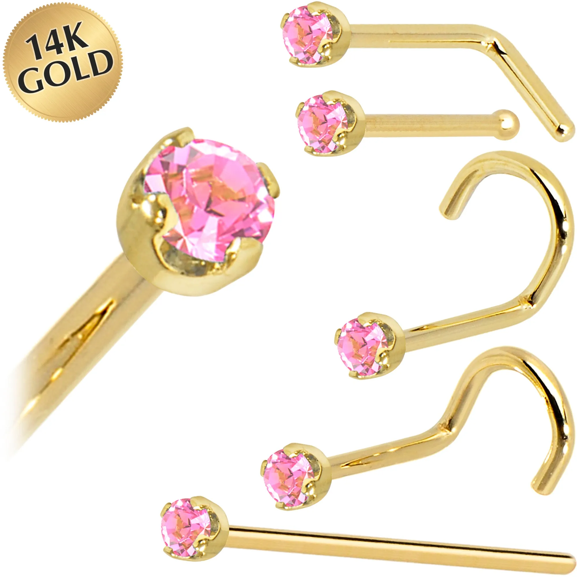Solid 14KT Yellow Gold (October) 2mm Pink Cubic Zirconia Nose Ring