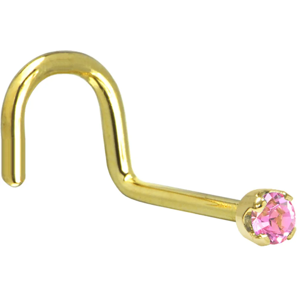 Solid 14KT Yellow Gold (October) 2mm Pink Cubic Zirconia Nose Ring
