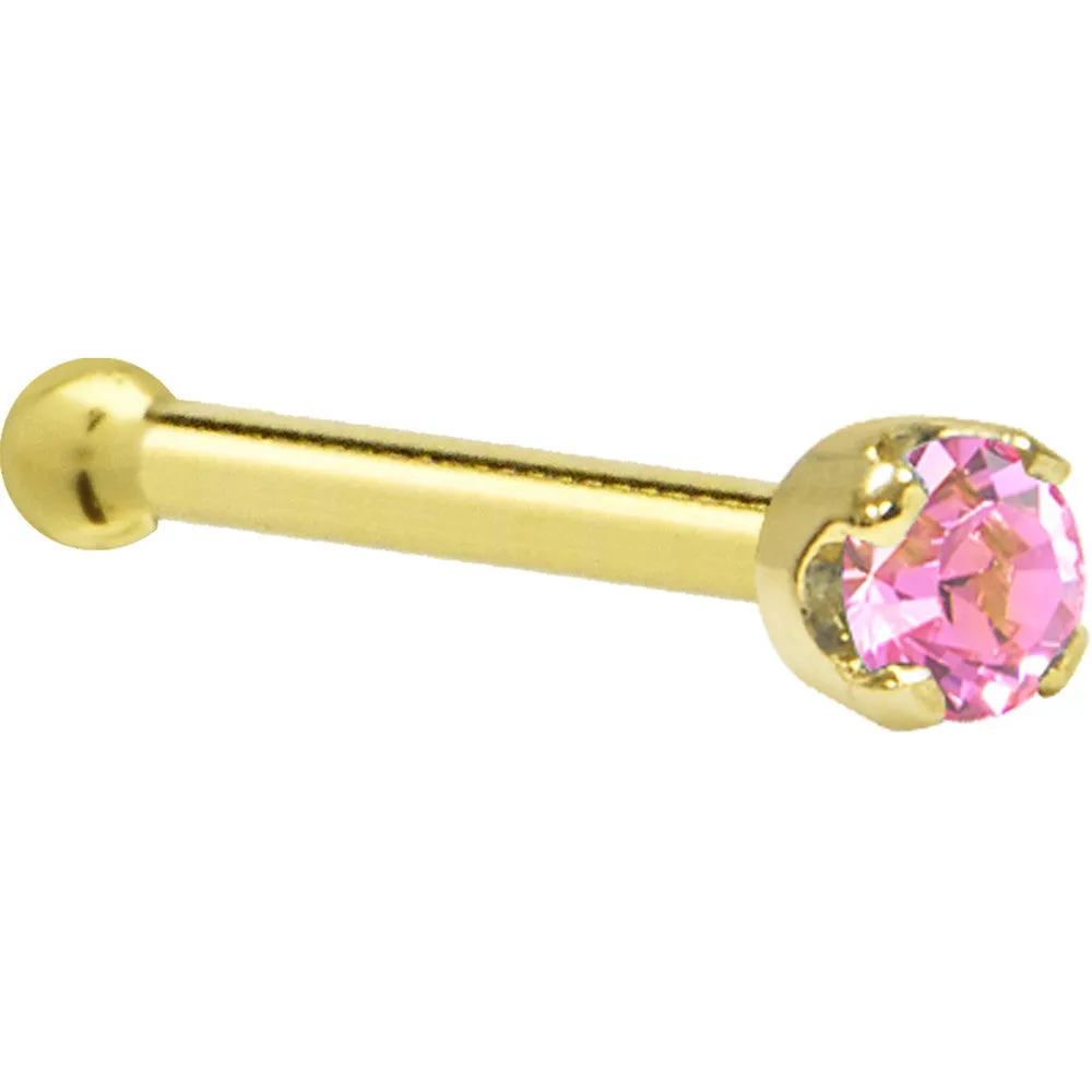Solid 14KT Yellow Gold (October) 2mm Pink Cubic Zirconia Nose Ring