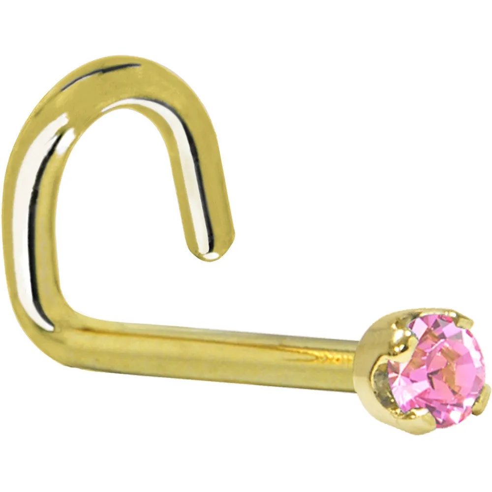 Solid 14KT Yellow Gold (October) 2mm Pink Cubic Zirconia Nose Ring
