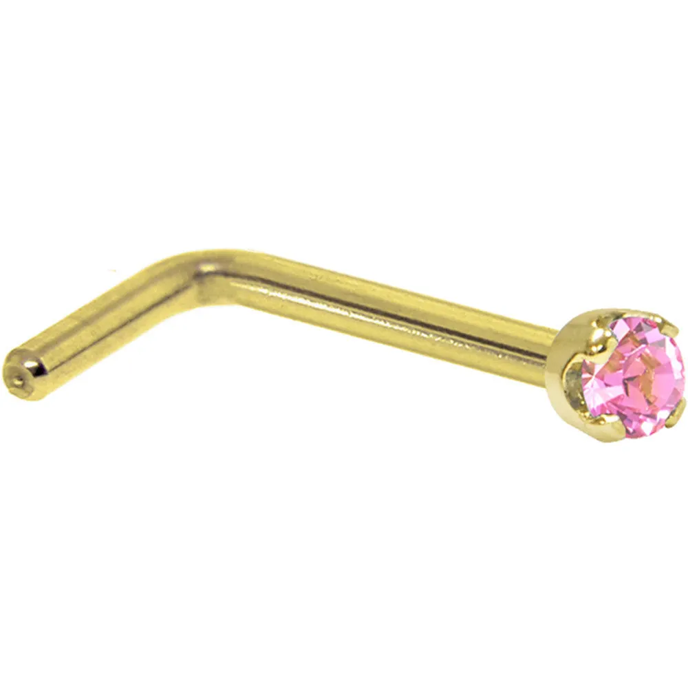 Solid 14KT Yellow Gold (October) 2mm Pink Cubic Zirconia Nose Ring
