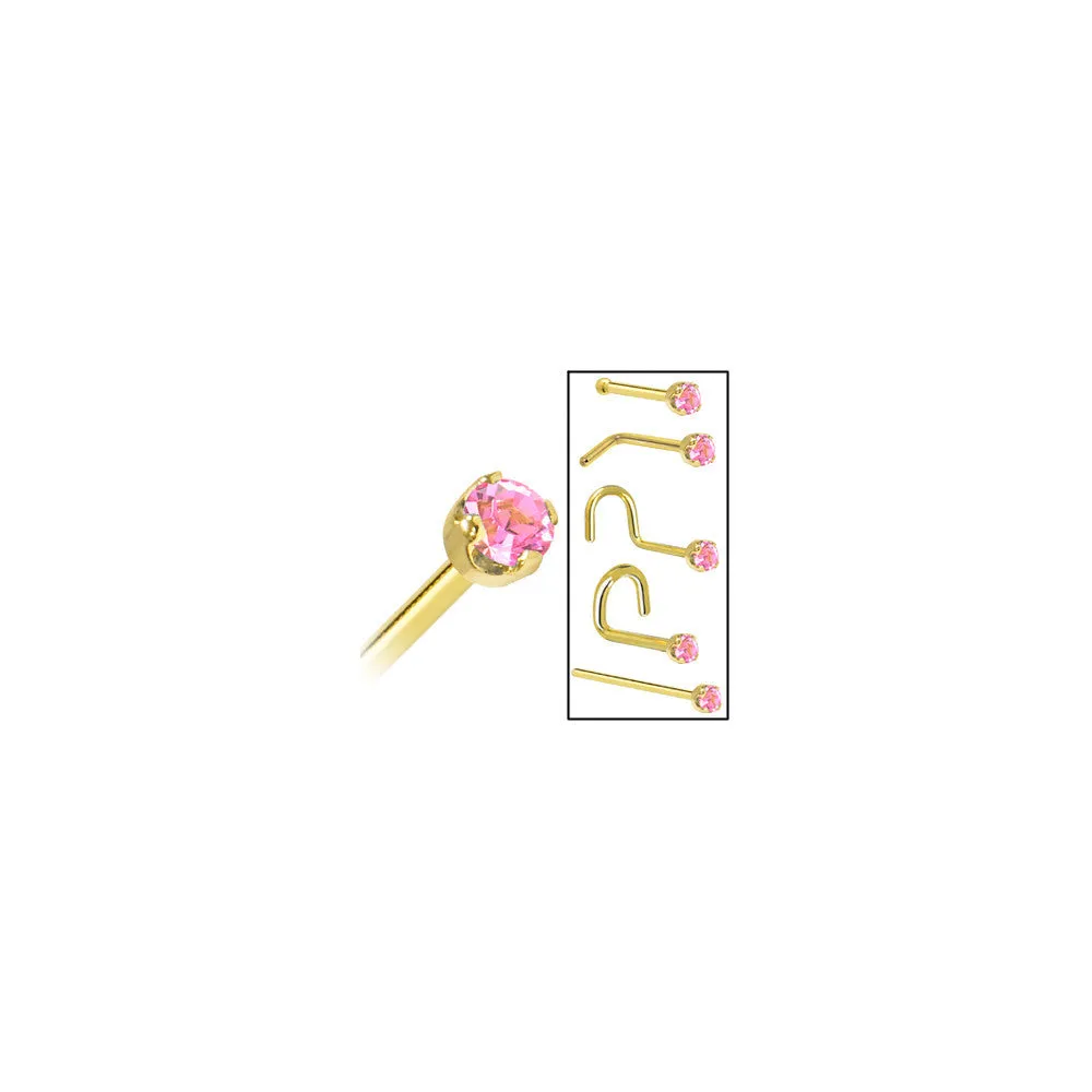 Solid 14KT Yellow Gold (October) 2mm Pink Cubic Zirconia Nose Ring