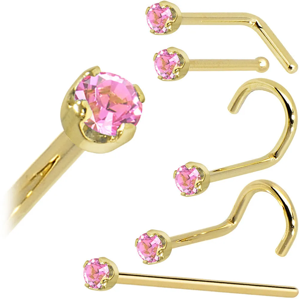 Solid 14KT Yellow Gold (October) 2mm Pink Cubic Zirconia Nose Ring