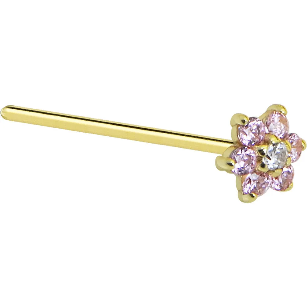 Solid 14KT Yellow Gold Pink and Clear Cubic Zirconia Flower Nose Ring