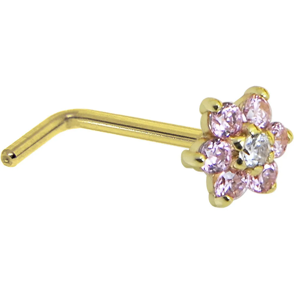 Solid 14KT Yellow Gold Pink and Clear Cubic Zirconia Flower Nose Ring