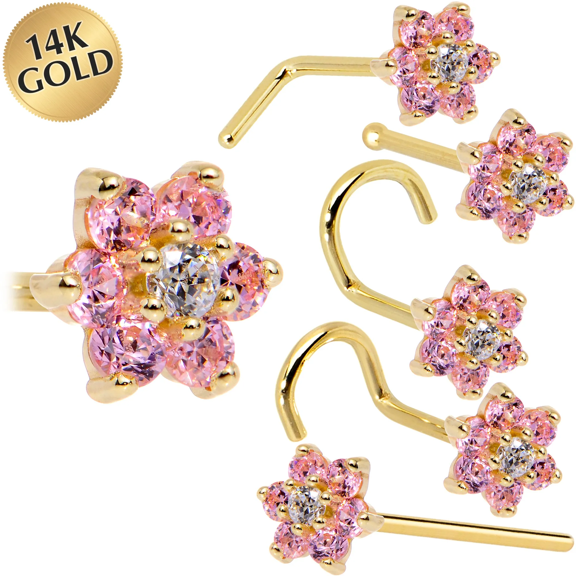 Solid 14KT Yellow Gold Pink and Clear Cubic Zirconia Flower Nose Ring
