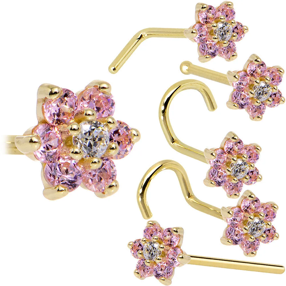 Solid 14KT Yellow Gold Pink and Clear Cubic Zirconia Flower Nose Ring