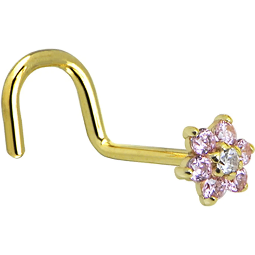 Solid 14KT Yellow Gold Pink and Clear Cubic Zirconia Flower Nose Ring