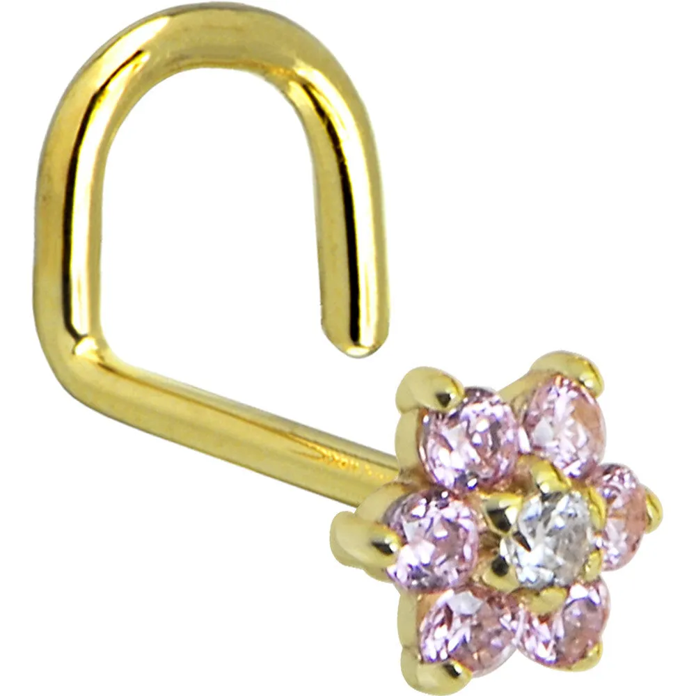 Solid 14KT Yellow Gold Pink and Clear Cubic Zirconia Flower Nose Ring
