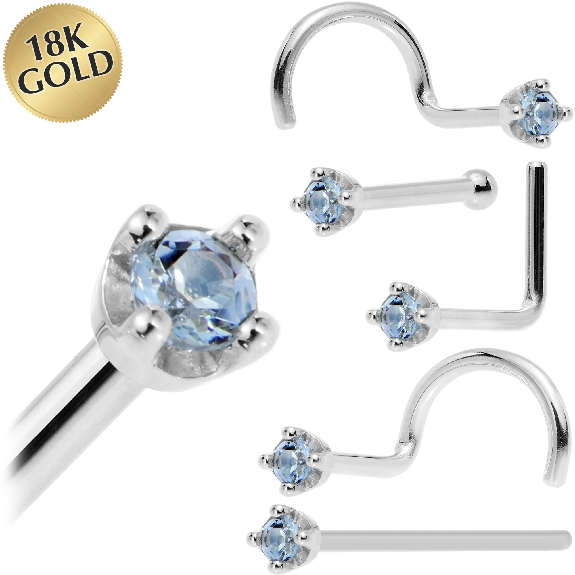 Solid 18KT White Gold (December) 1.5mm Genuine Topaz Nose Ring