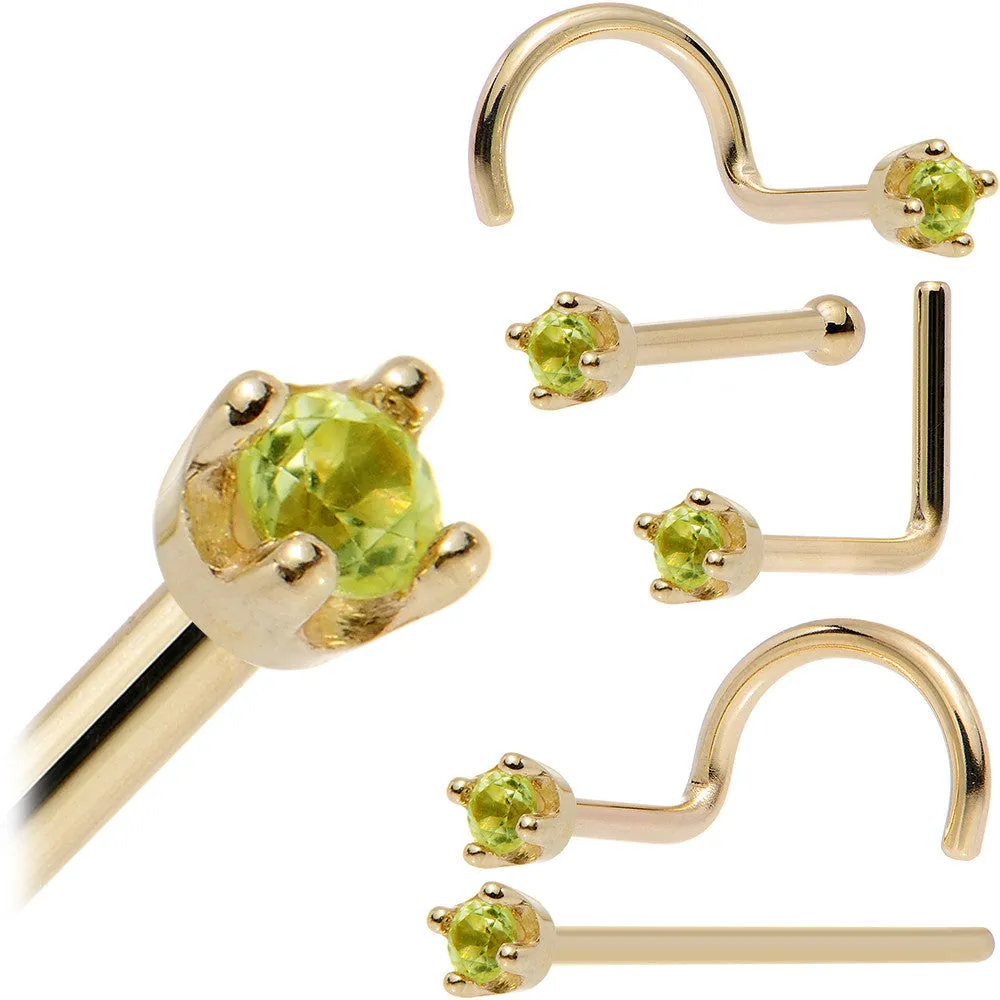 Solid 18KT Yellow Gold (August) 1.5mm Genuine Peridot Nose Ring