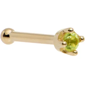 Solid 18KT Yellow Gold (August) 1.5mm Genuine Peridot Nose Ring