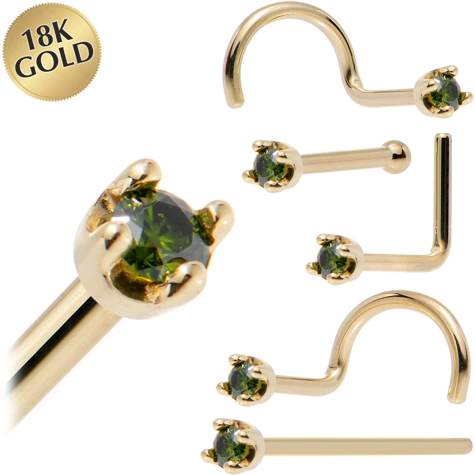 Solid 18KT Yellow Gold (May) 1.5mm Genuine Green Diamond Nose Ring