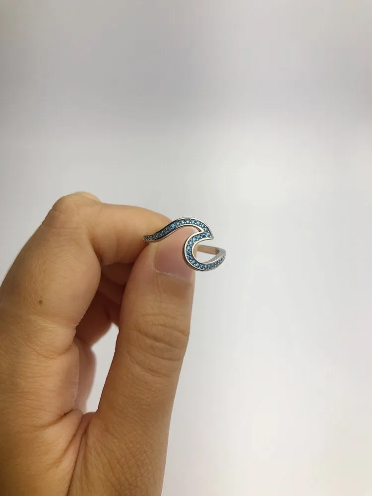 Sterling Silver Blue Zircon Wave Rings - (887)