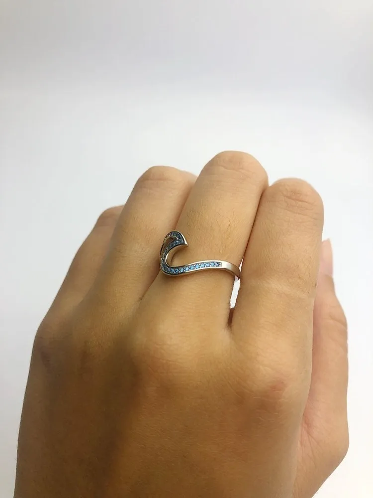 Sterling Silver Blue Zircon Wave Rings - (887)