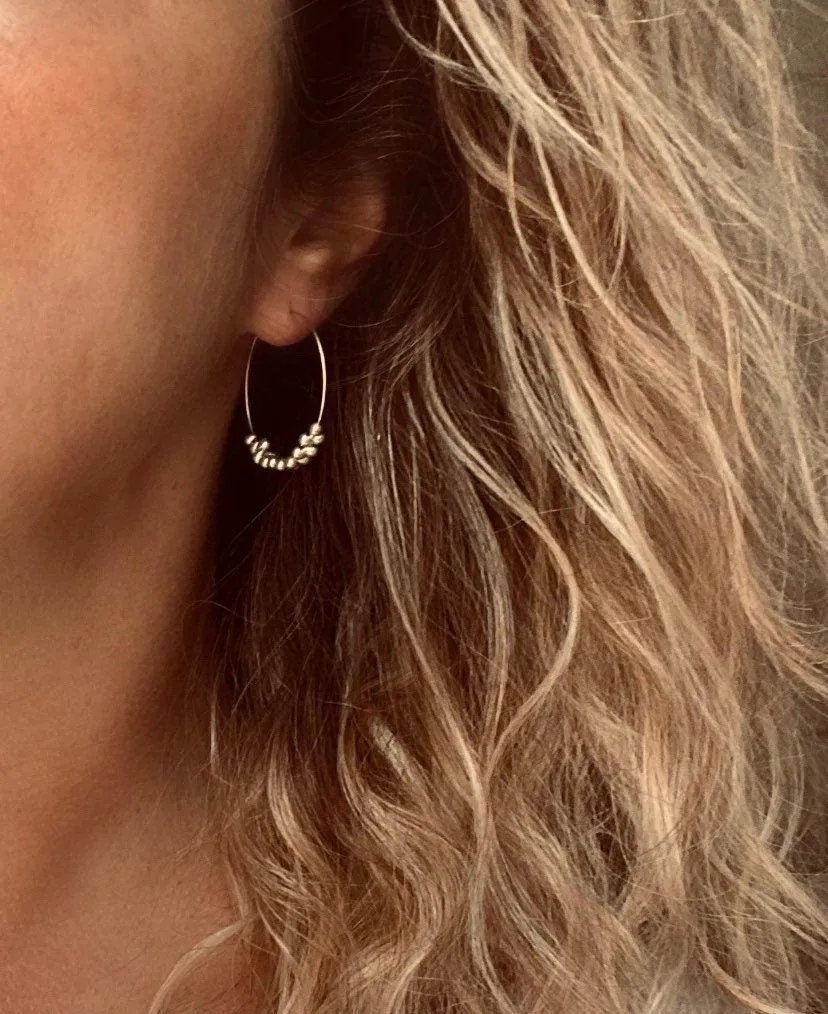 Thin Gold Hoop Earrings, color block earring, seed bead earring, small hoop, little gold hoops, mustard yellow, white, baby blue beaded