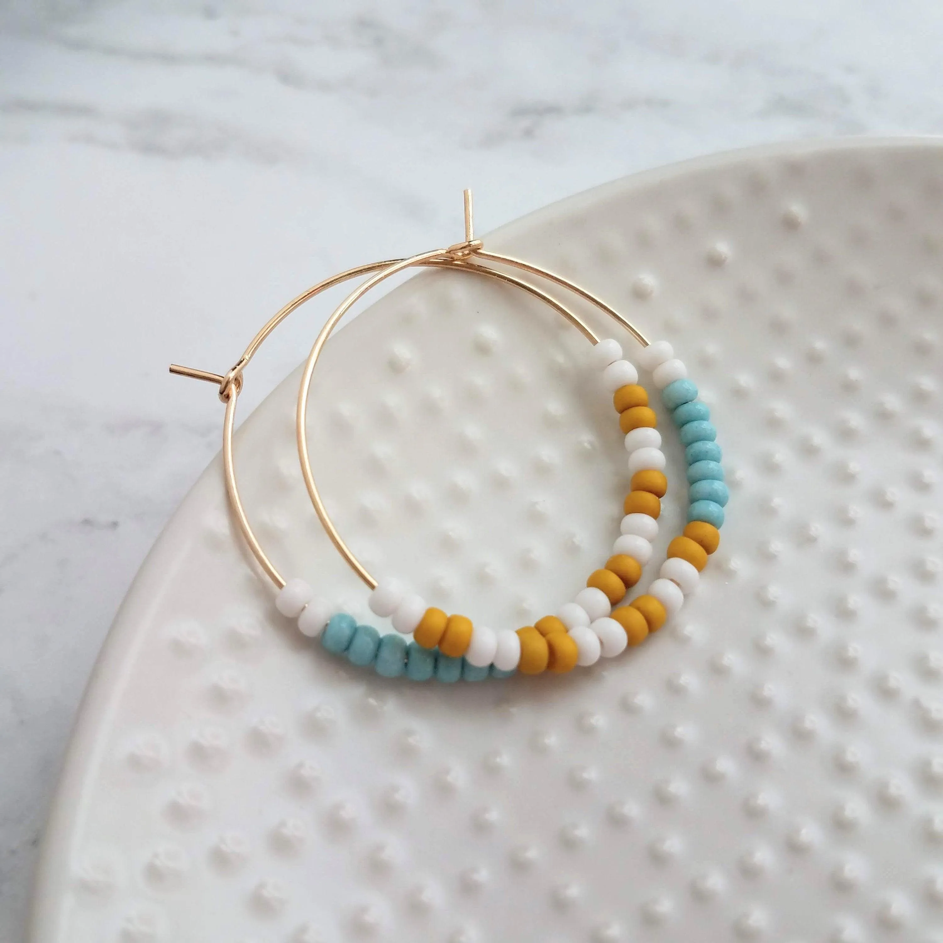 Thin Gold Hoop Earrings, color block earring, seed bead earring, small hoop, little gold hoops, mustard yellow, white, baby blue beaded