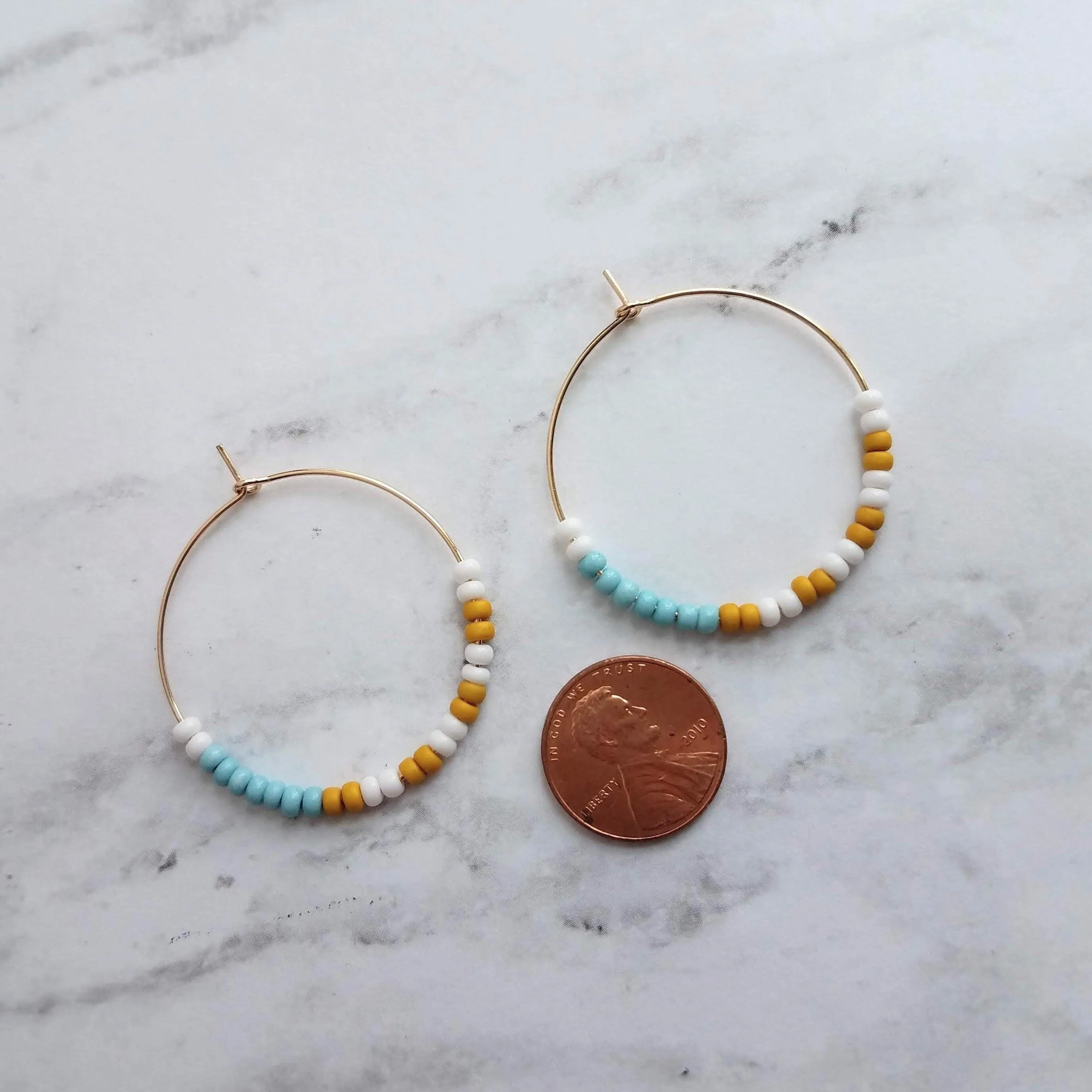 Thin Gold Hoop Earrings, color block earring, seed bead earring, small hoop, little gold hoops, mustard yellow, white, baby blue beaded