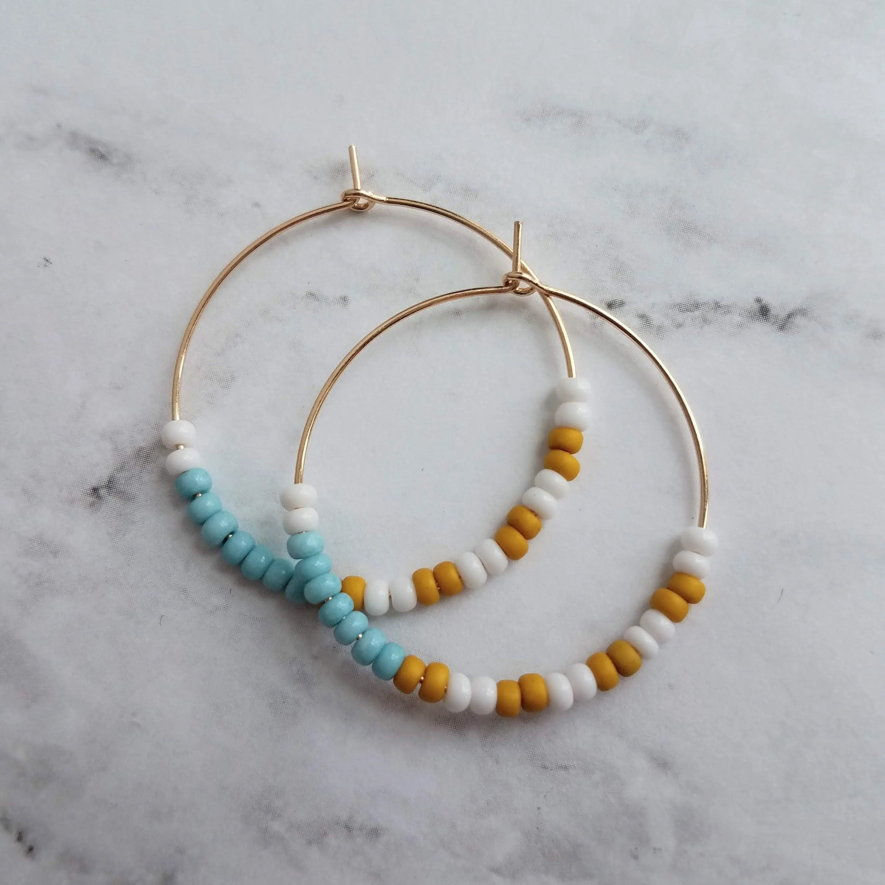 Thin Gold Hoop Earrings, color block earring, seed bead earring, small hoop, little gold hoops, mustard yellow, white, baby blue beaded