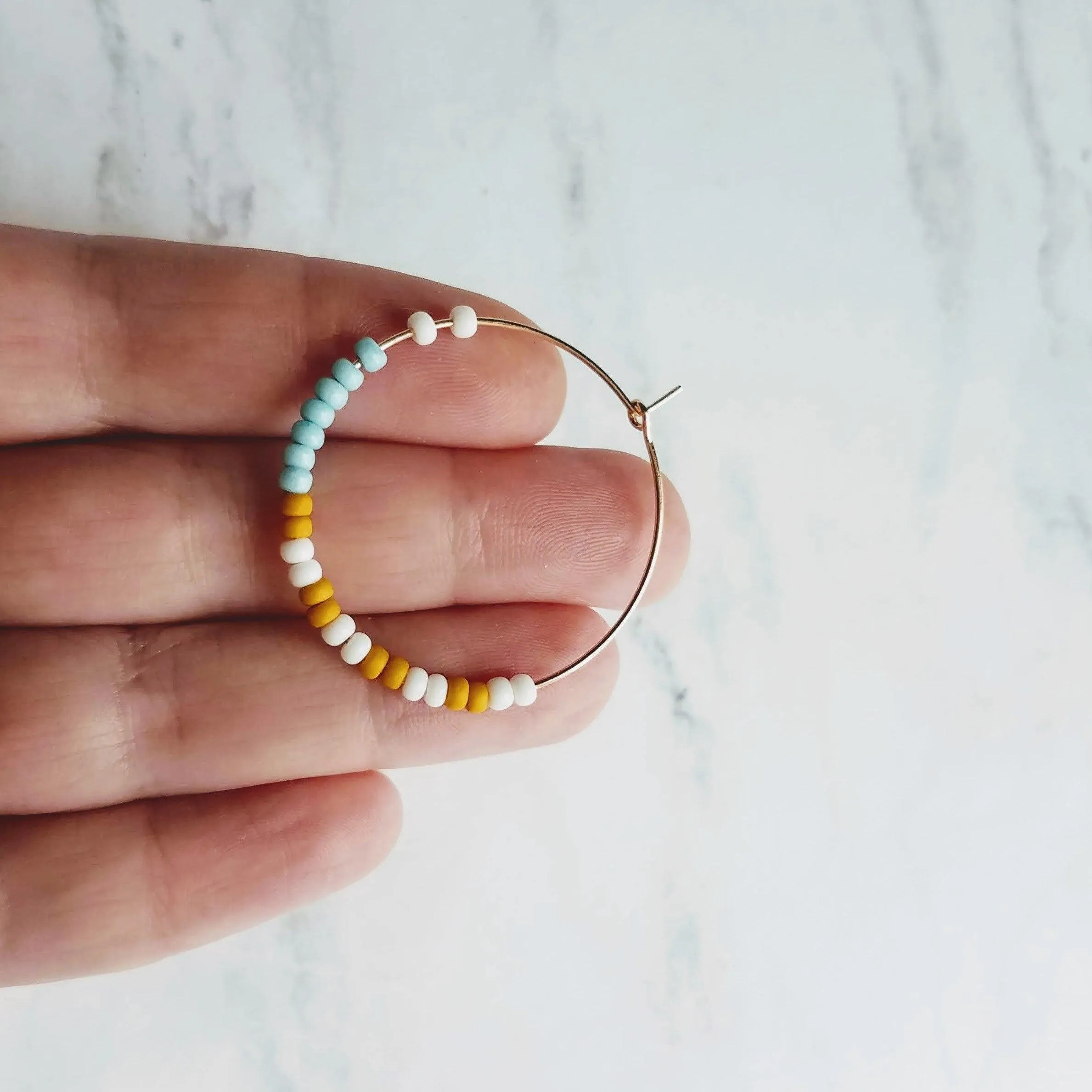 Thin Gold Hoop Earrings, color block earring, seed bead earring, small hoop, little gold hoops, mustard yellow, white, baby blue beaded