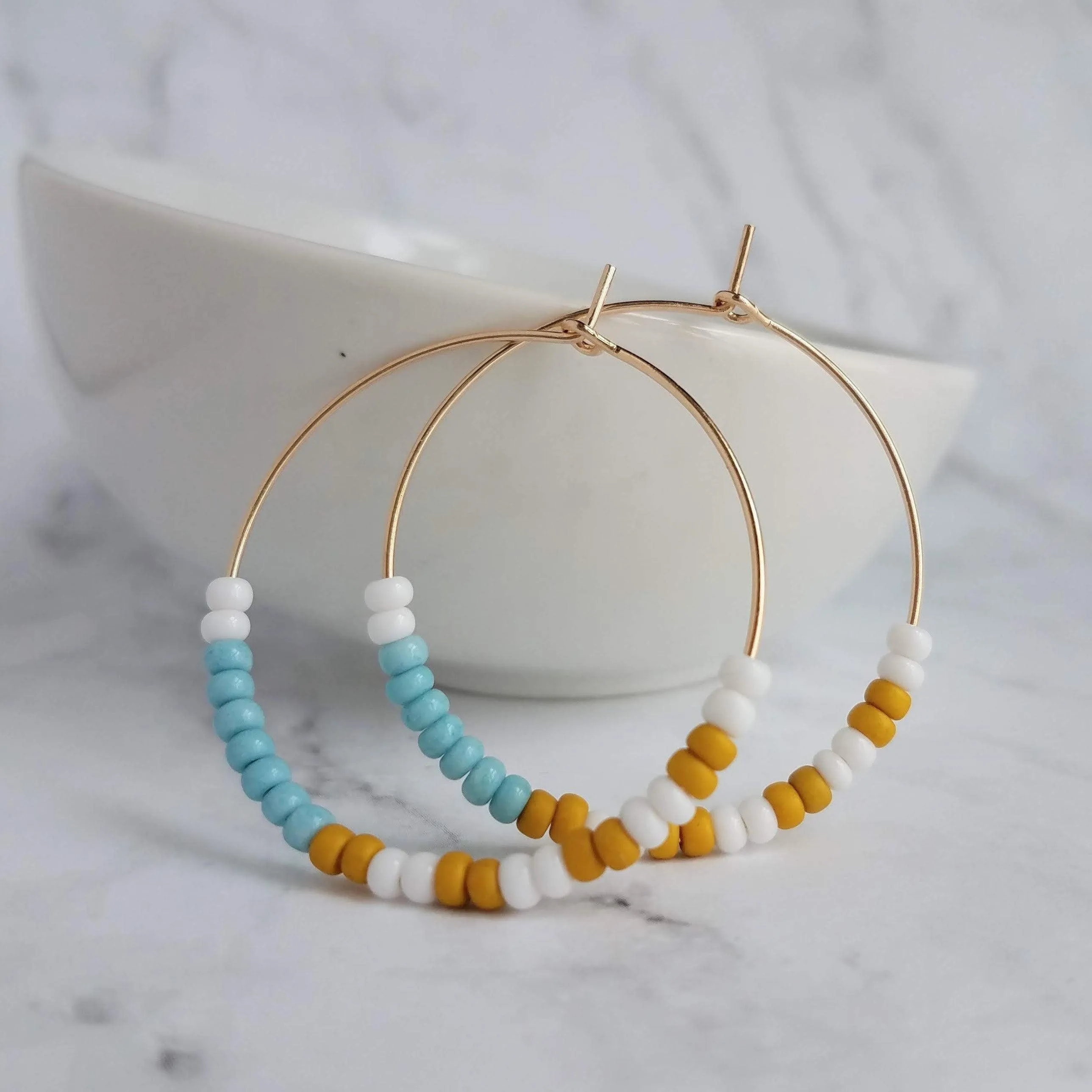 Thin Gold Hoop Earrings, color block earring, seed bead earring, small hoop, little gold hoops, mustard yellow, white, baby blue beaded