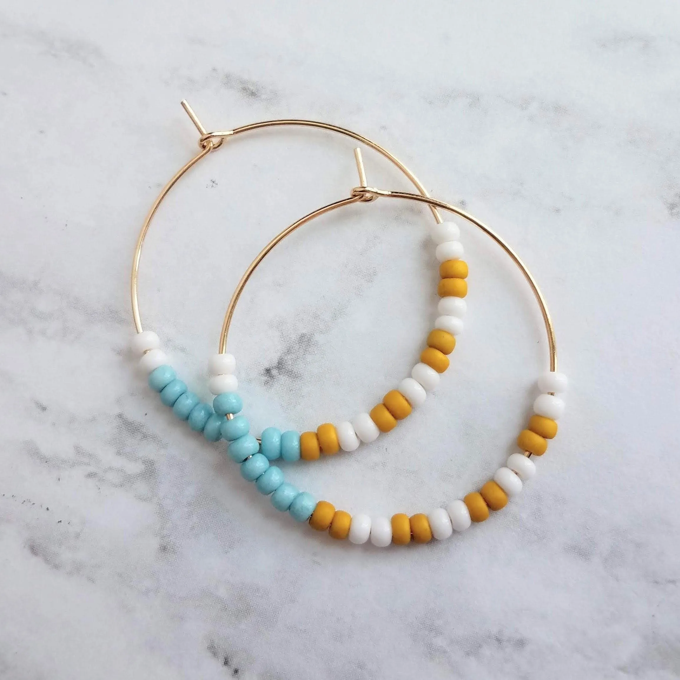 Thin Gold Hoop Earrings, color block earring, seed bead earring, small hoop, little gold hoops, mustard yellow, white, baby blue beaded
