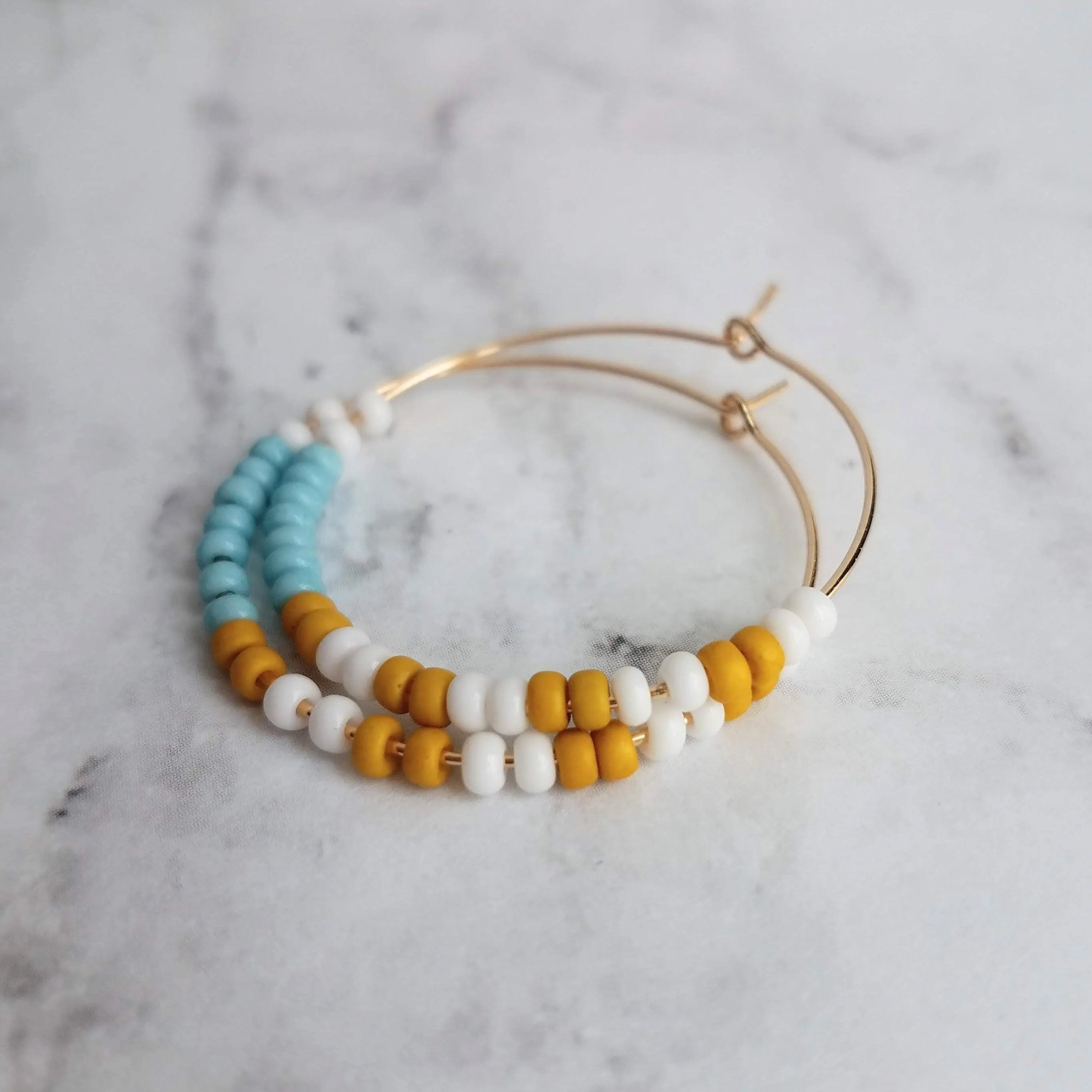 Thin Gold Hoop Earrings, color block earring, seed bead earring, small hoop, little gold hoops, mustard yellow, white, baby blue beaded
