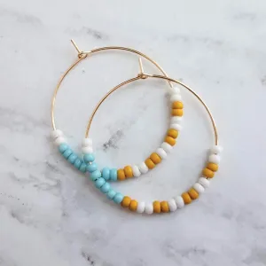 Thin Gold Hoop Earrings, color block earring, seed bead earring, small hoop, little gold hoops, mustard yellow, white, baby blue beaded