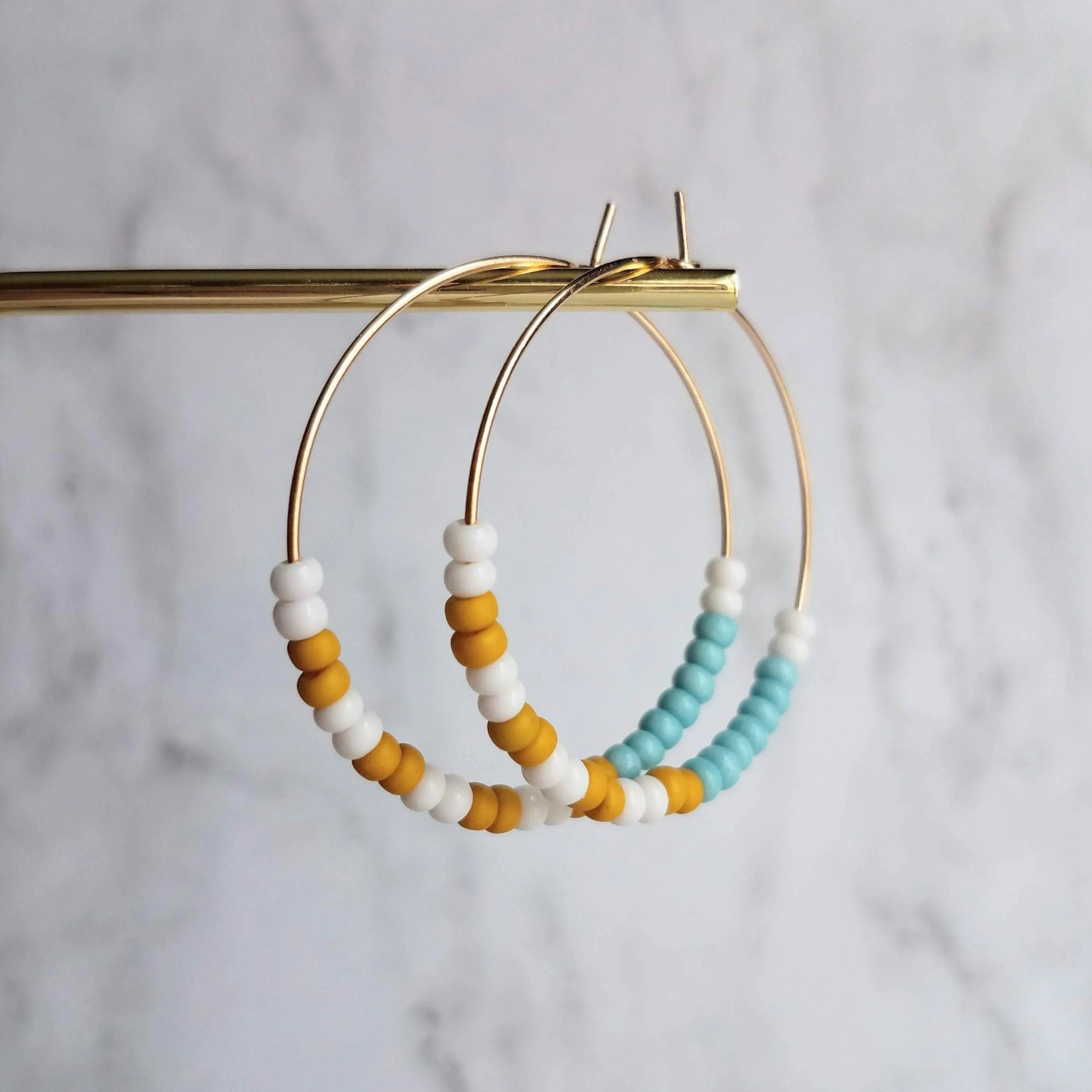 Thin Gold Hoop Earrings, color block earring, seed bead earring, small hoop, little gold hoops, mustard yellow, white, baby blue beaded