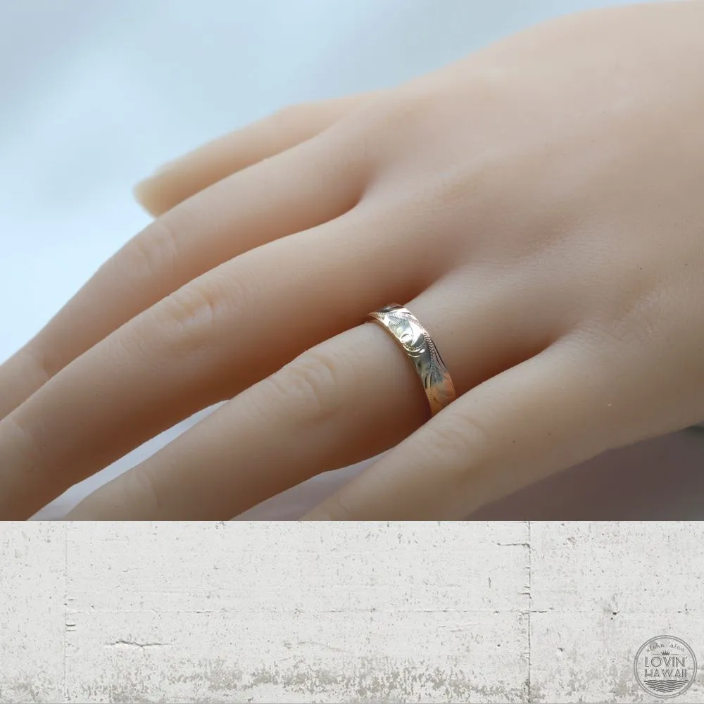Three Tone Gold Wedding Bands Hawaii, Hand Engraved with Hawaiian Heritage Design (4mm or 6mm width)