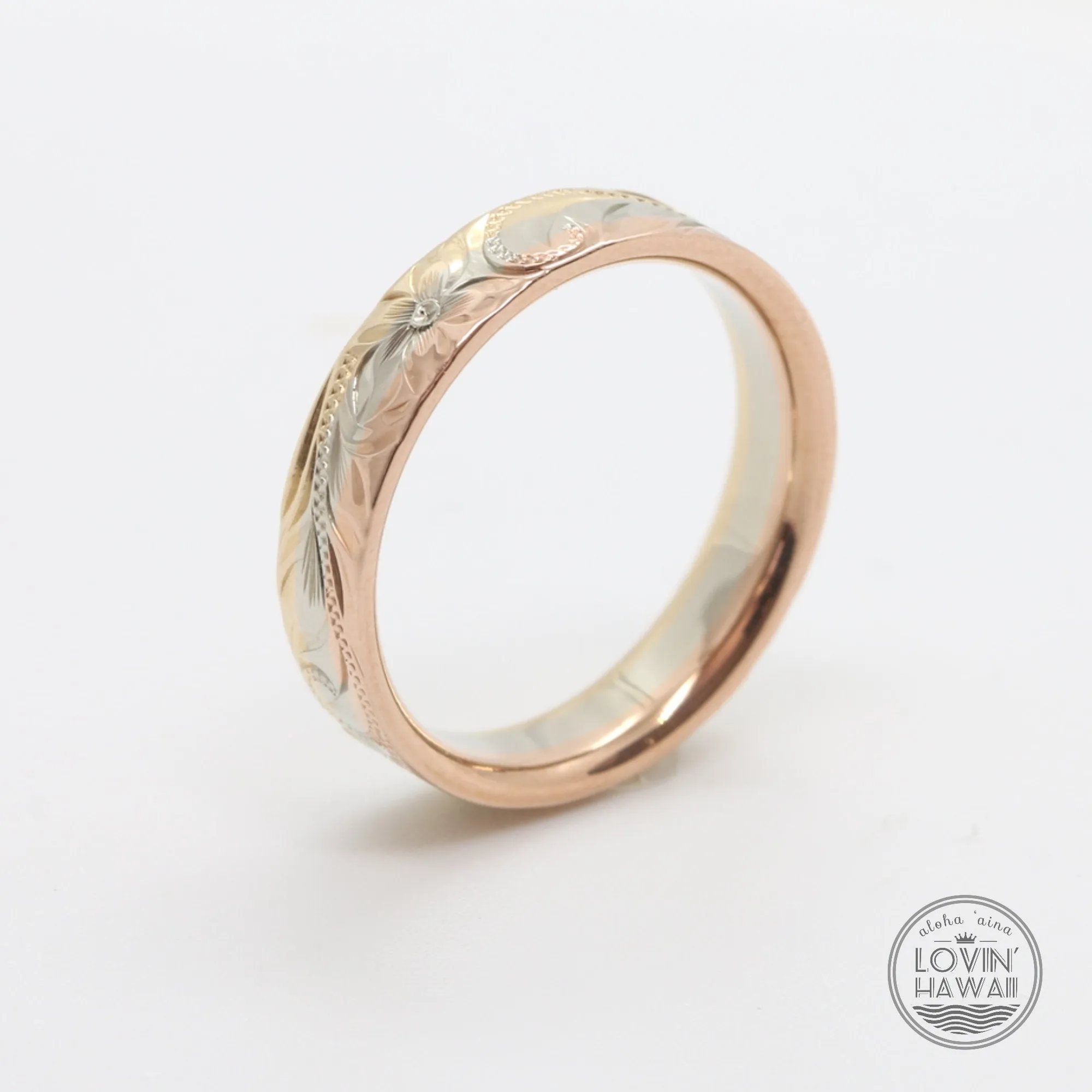 Three Tone Gold Wedding Bands Hawaii, Hand Engraved with Hawaiian Heritage Design (4mm or 6mm width)