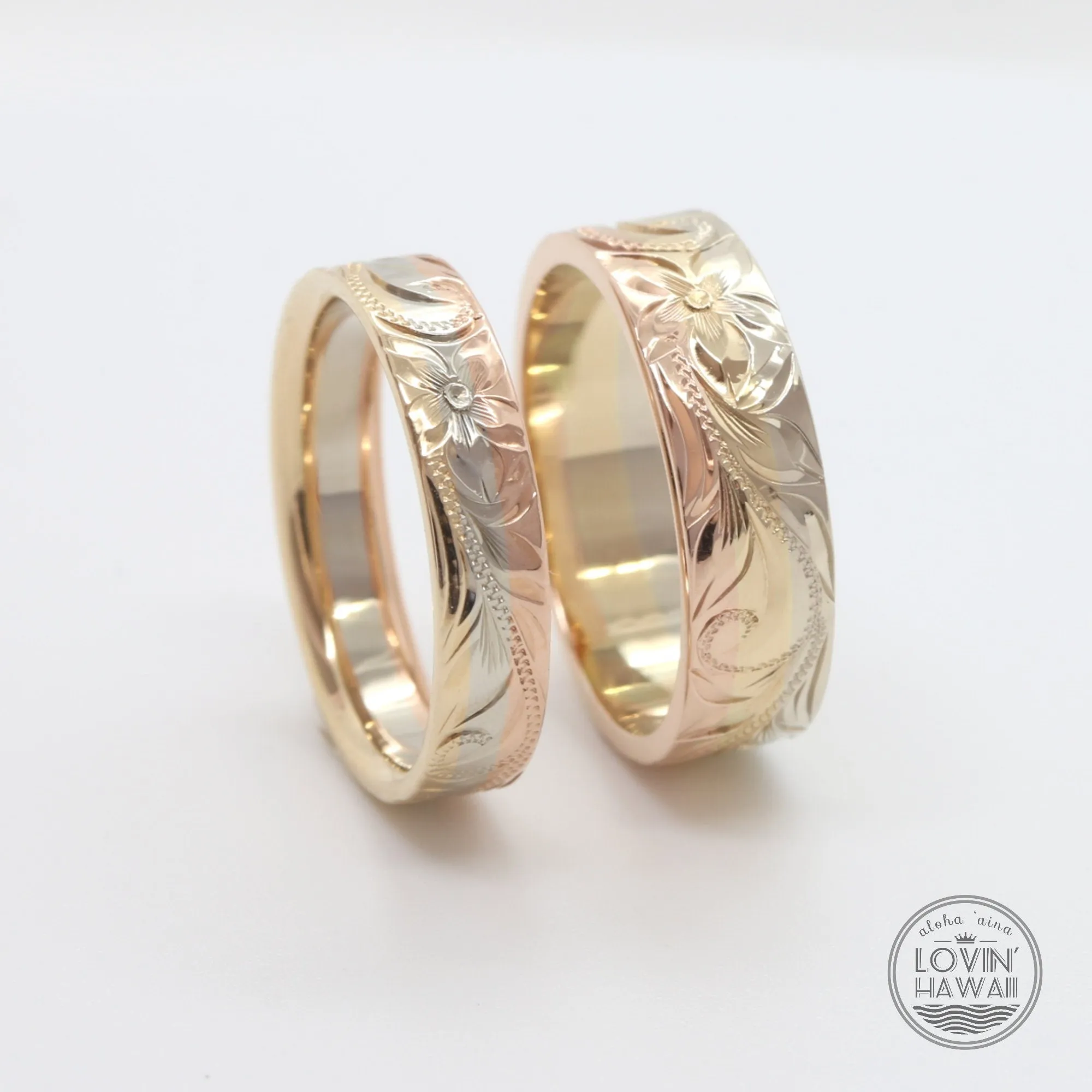 Three Tone Gold Wedding Bands Hawaii, Hand Engraved with Hawaiian Heritage Design (4mm or 6mm width)