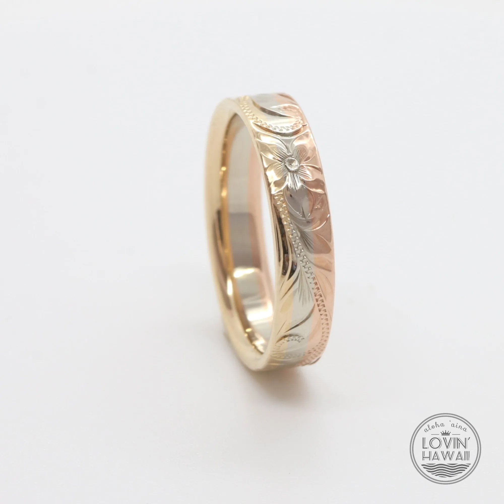 Three Tone Gold Wedding Bands Hawaii, Hand Engraved with Hawaiian Heritage Design (4mm or 6mm width)