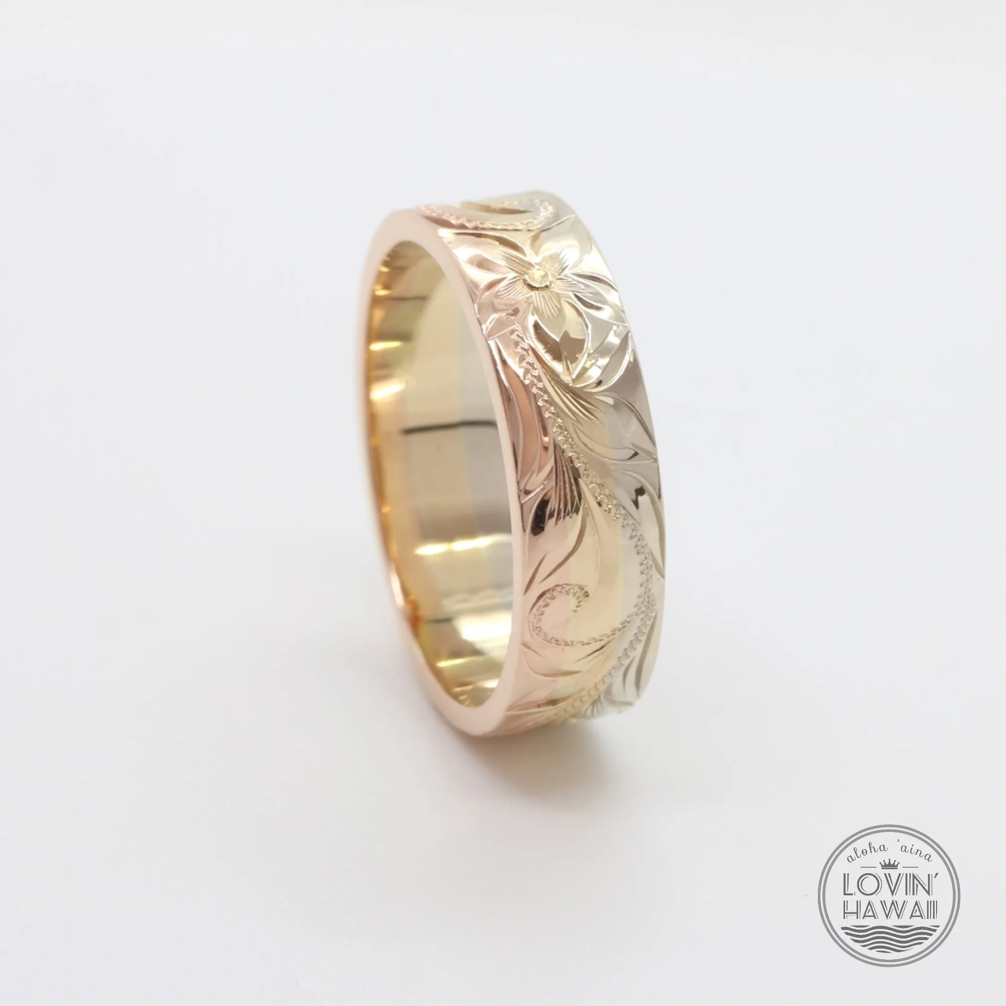 Three Tone Gold Wedding Bands Hawaii, Hand Engraved with Hawaiian Heritage Design (4mm or 6mm width)
