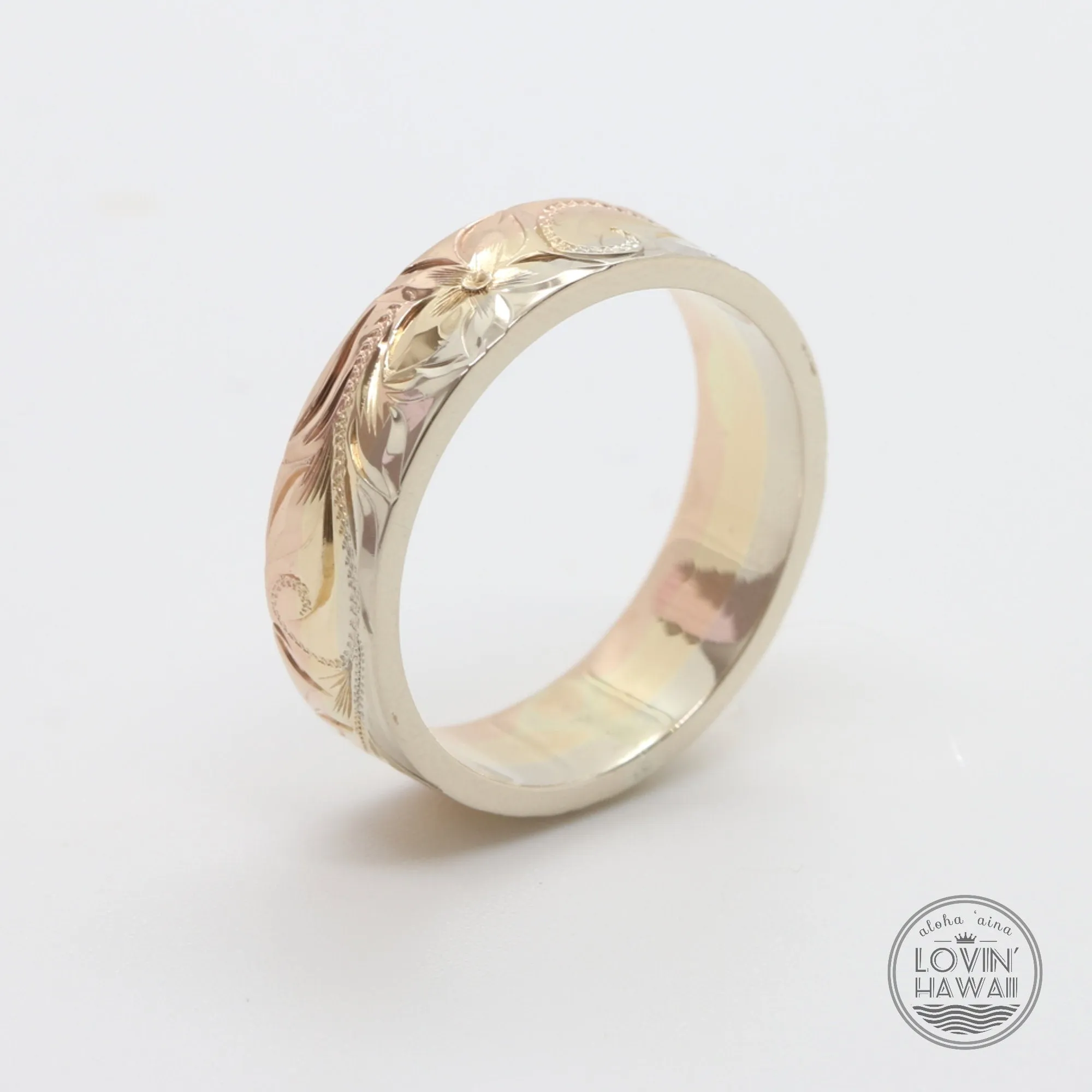 Three Tone Gold Wedding Bands Hawaii, Hand Engraved with Hawaiian Heritage Design (4mm or 6mm width)