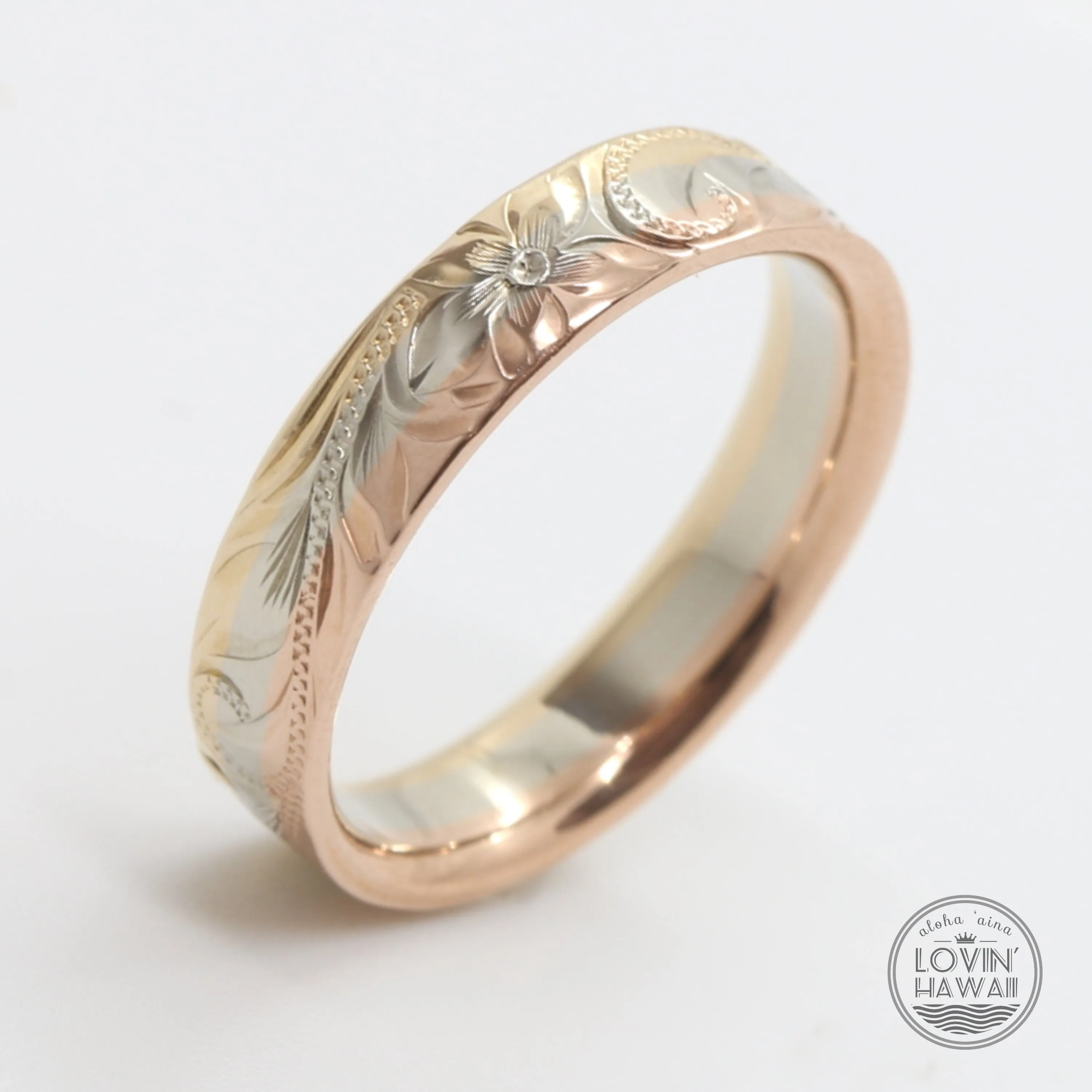 Three Tone Gold Wedding Bands Hawaii, Hand Engraved with Hawaiian Heritage Design (4mm or 6mm width)