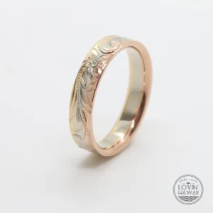 Three Tone Gold Wedding Bands Hawaii, Hand Engraved with Hawaiian Heritage Design (4mm or 6mm width)