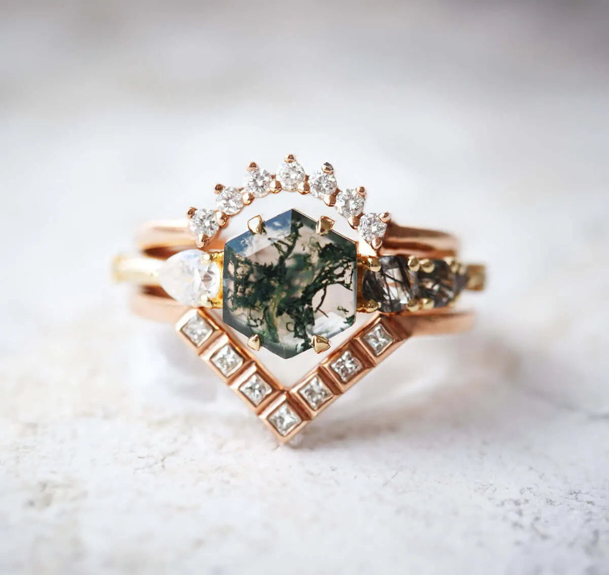 Trendolla 18K Gold Polygon Leaf Moss Agate And CZ Diamond Ring Set