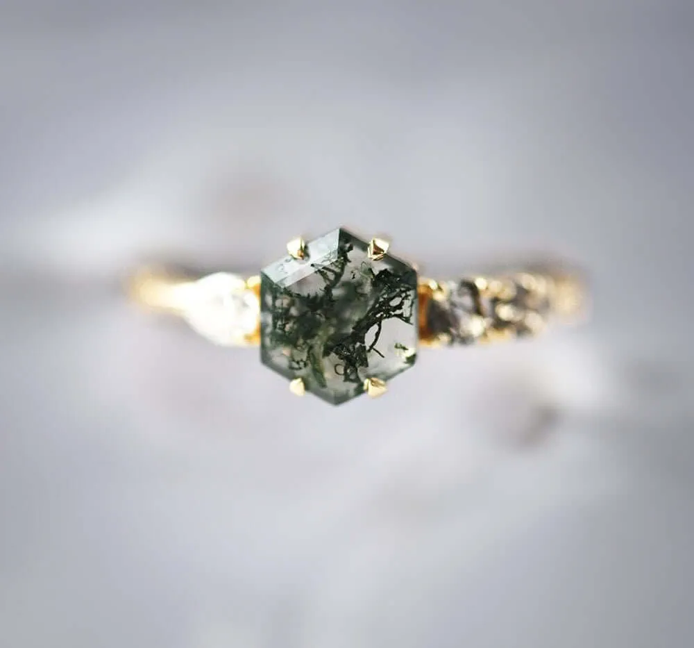 Trendolla 18K Gold Polygon Leaf Moss Agate And CZ Diamond Ring Set