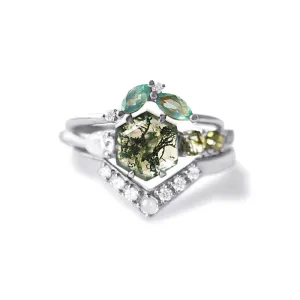 Trendolla 18K Gold Polygon Leaf Moss Agate And CZ Diamond Ring Set
