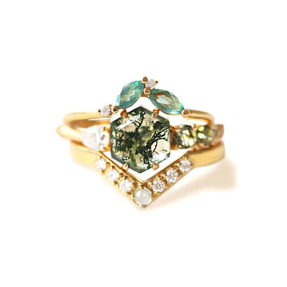 Trendolla 18K Gold Polygon Leaf Moss Agate And CZ Diamond Ring Set