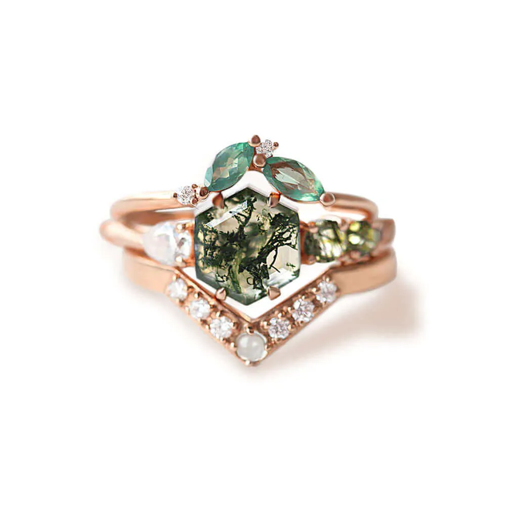 Trendolla 18K Gold Polygon Leaf Moss Agate And CZ Diamond Ring Set