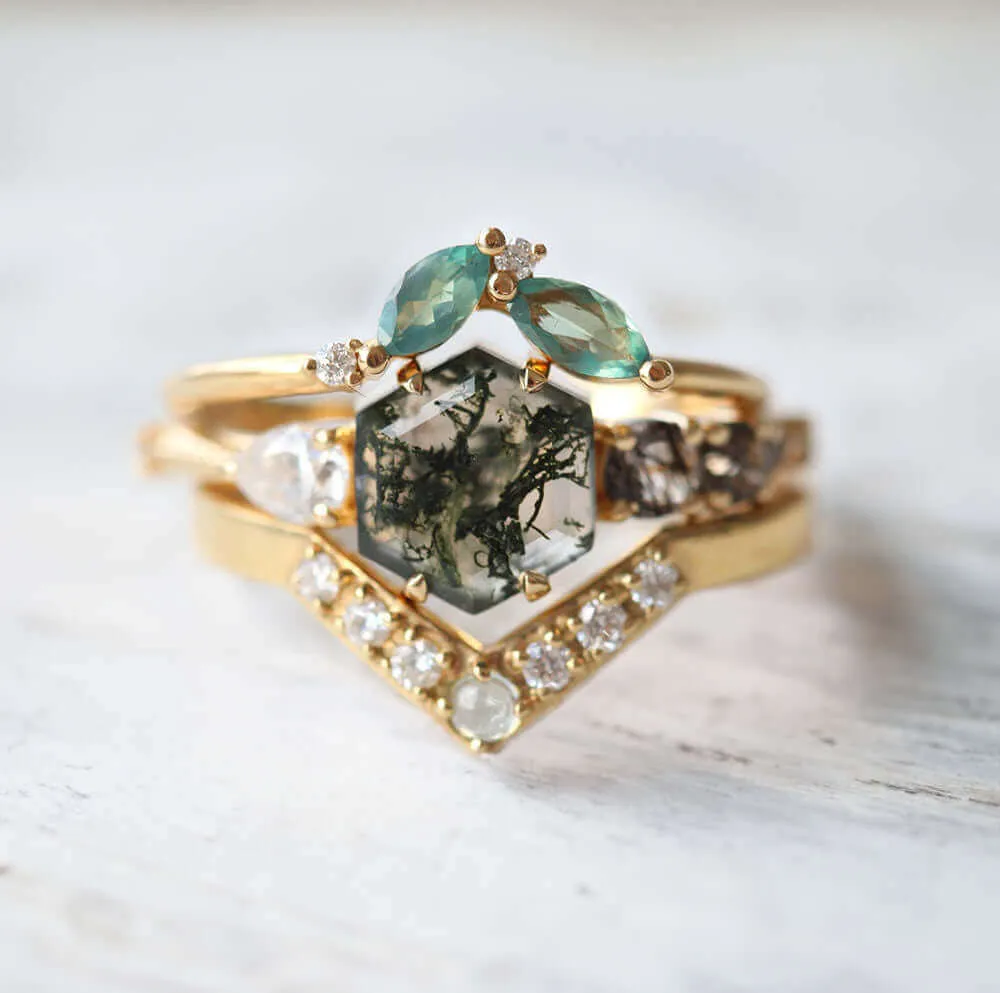 Trendolla 18K Gold Polygon Leaf Moss Agate And CZ Diamond Ring Set