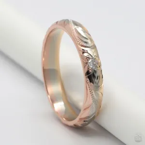Tri Color Gold Diamond Ring, Engraved with Hawaiian Heritage Design (4mm Width, Dome Style)
