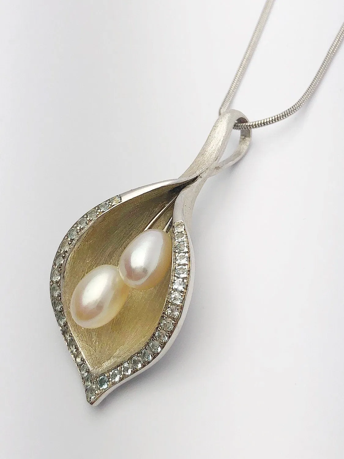 Two Pearl Pendant with Blue Topaz on 925 Sterling Silver - Statement Pendant - Handmade #759