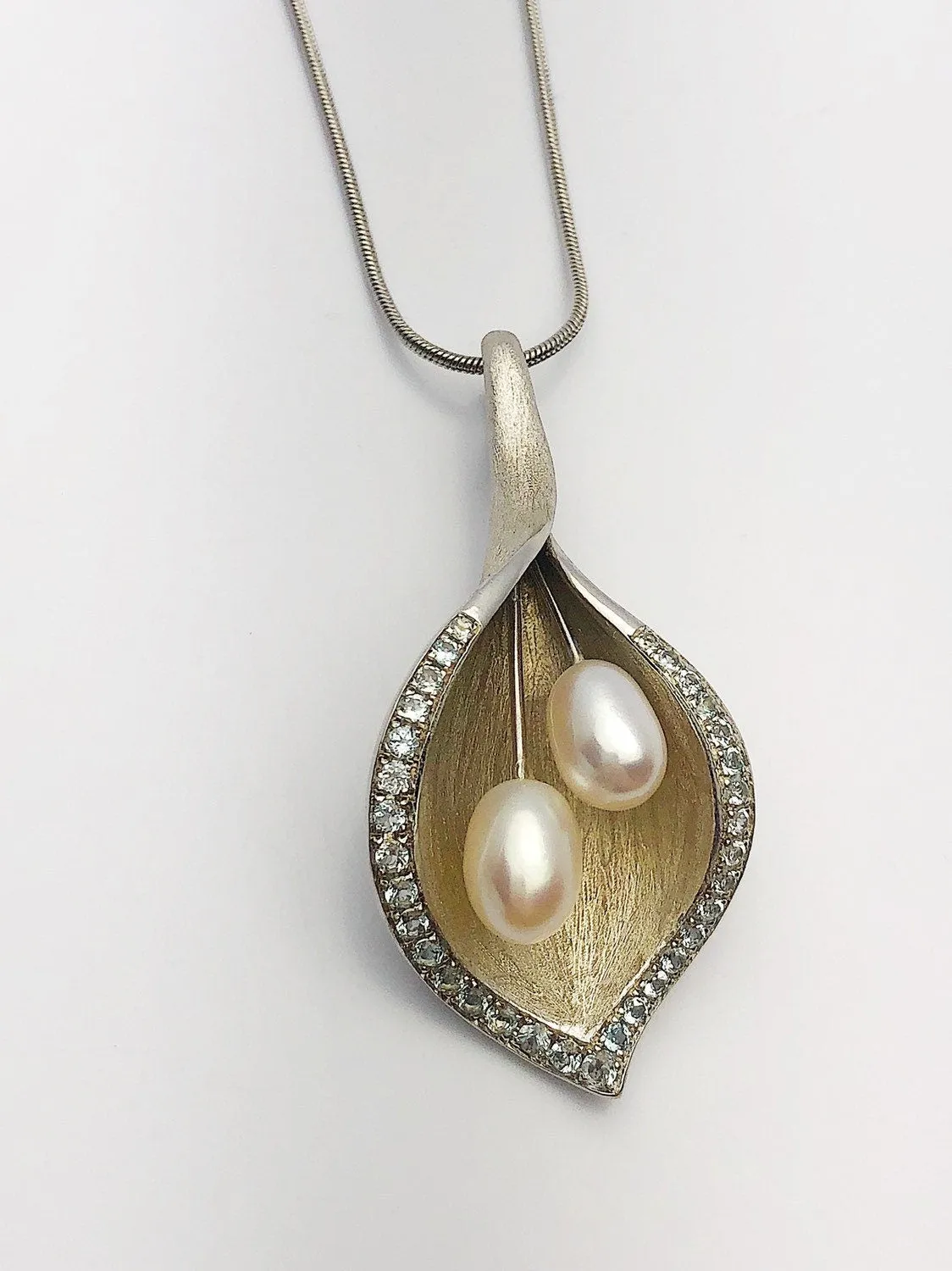 Two Pearl Pendant with Blue Topaz on 925 Sterling Silver - Statement Pendant - Handmade #759