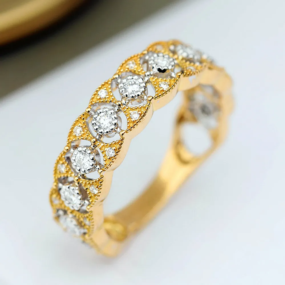 Two Tone Gold Diamond Lace Filigree Wedding Ring