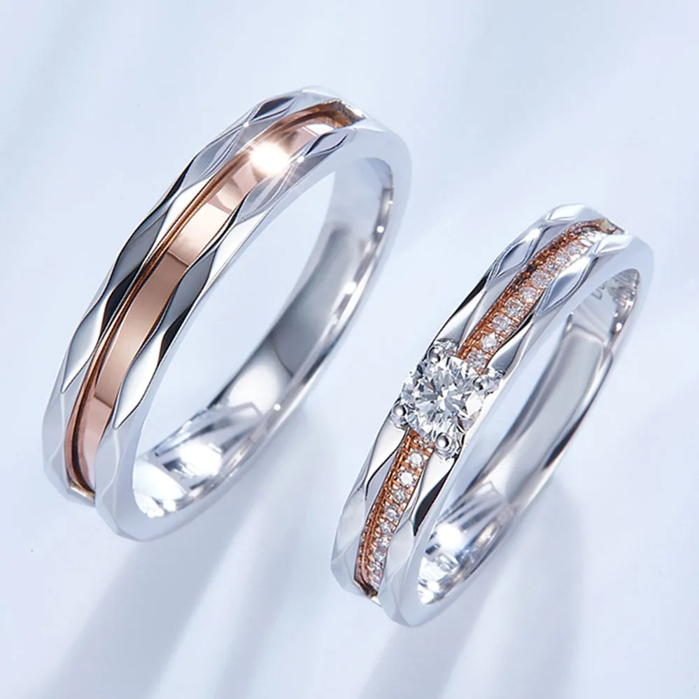 Two Tone Gold Diamond Wedding Matching Couple Rings